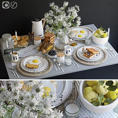 Tasty Breakfast Table with Waffles Fried Eggs Blueberries Pastries and Fresh Pears Decorated with Flowers 3d model