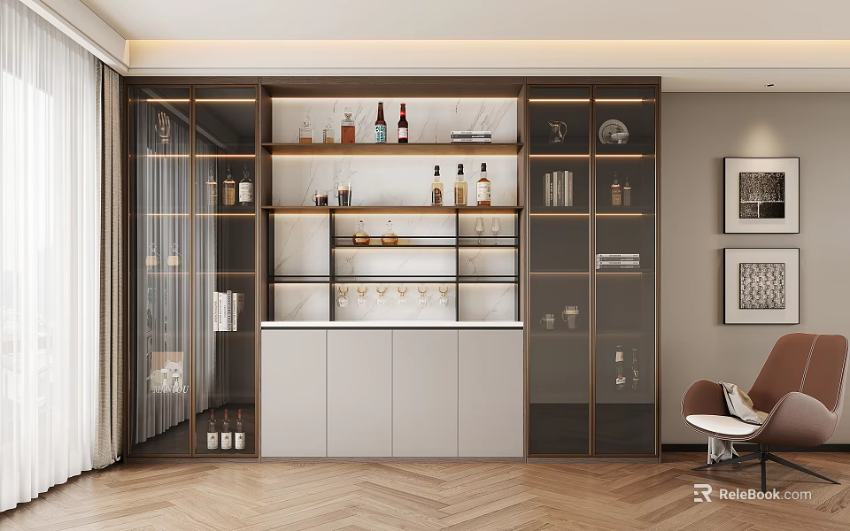 Modern Wine Cabinet With Glass Doors And Wooden Shelves For Wine Bottles And Glasses 3d model 