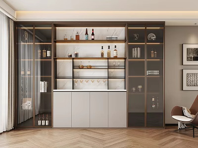 Modern Wine Cabinet With Glass Doors And Wooden Shelves For Wine Bottles And Glasses 3d model