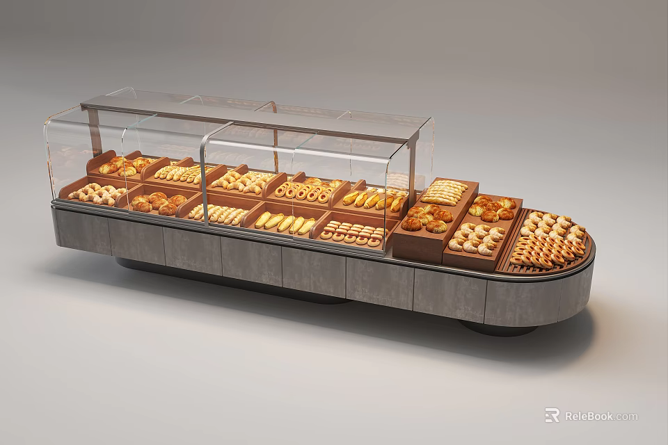 Curved Display Shelf With Transparent Glass Cover For Baked Goods And Pastries 3d model 