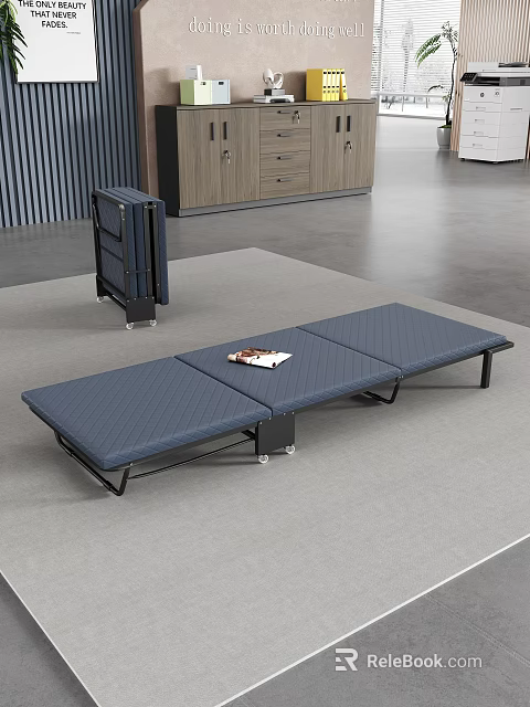 Portable Blue Folding Bed With Stripe Mattress Black Frame And Magazine On Top 3d model 