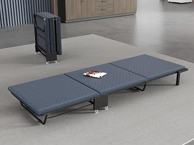 Portable Blue Folding Bed With Stripe Mattress Black Frame And Magazine On Top 3d model
