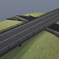 Urban Asphalt Road With Yellow Lines Under Bridge And Concrete Wall Along Green Grass