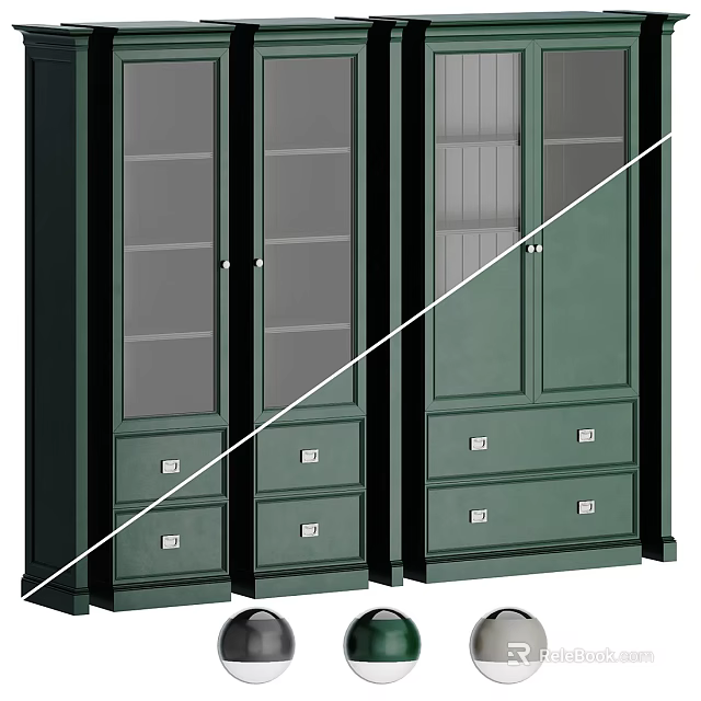 Stylish Dark Green Bookcase With Glass Doors And Spacious Storage Drawers For Modern Home Organization 3d model 