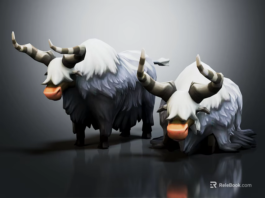 Two 3D Cartoon Yak Figures With White Gray Fur Large Horns And Orange Noses 3d model 