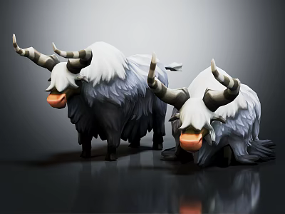 Two 3D Cartoon Yak Figures With White Gray Fur Large Horns And Orange Noses 3d model