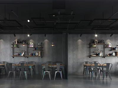 Industrial Style Restaurant Interior With Gray Walls Dining Tables Chairs Shelves And Lighting Fixtures 3d model
