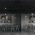 Industrial Style Restaurant Interior With Gray Walls Dining Tables Chairs Shelves And Lighting Fixtures