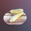 Fresh Two Sweet Corn Cobs Placed On Round Wooden Cutting Board