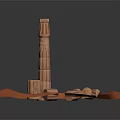 Wooden Pillar With Fallen Parts On Circular Red Base Dark Background