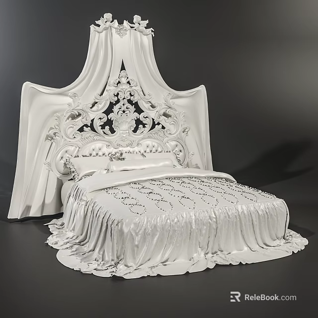 Elegant White Double Bed With Ornate Carved Headboard Canopy And Luxurious Bedding 3d model 