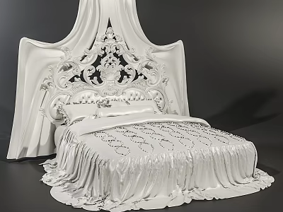 Elegant White Double Bed With Ornate Carved Headboard Canopy And Luxurious Bedding 3d model