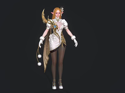 Blonde Haired Woman In White Gold Ornate Outfit With Flowing Sash Black Stockings White Shoes 3d model