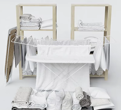 Laundry Essentials Display With Drying Rack Folded Towels And Hanging Clothes 3d model