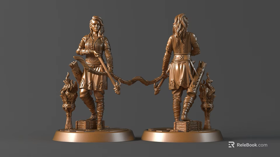 Bronze Warrior Character Statue With Flame Element And Weapon Front Back View Base 3d model 