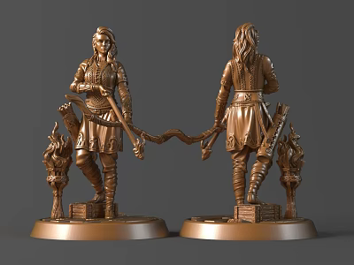 Bronze Warrior Character Statue With Flame Element And Weapon Front Back View Base 3d model