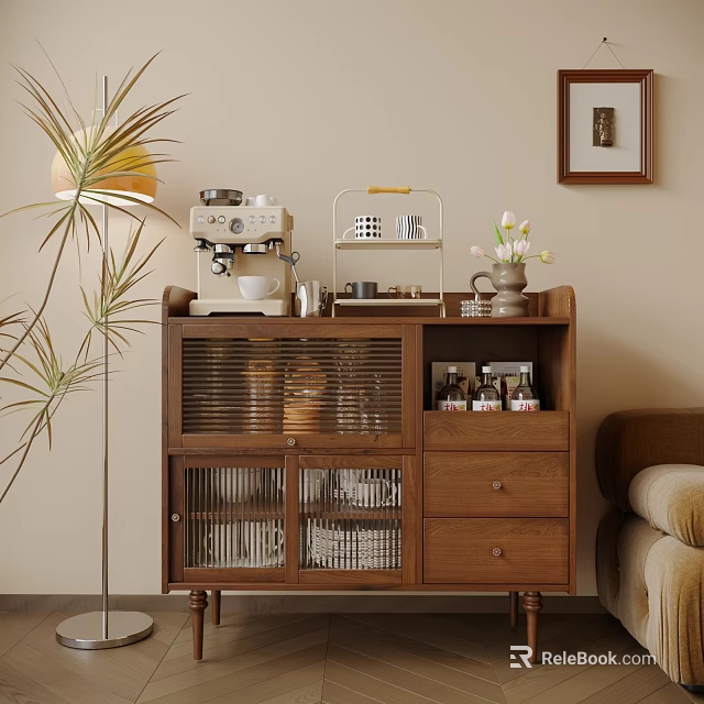 Wooden Sideboard With Glass Doors Drawers Coffee Machine Flower Vase And Wall Art 3d model 