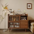 Wooden Sideboard With Glass Doors Drawers Coffee Machine Flower Vase And Wall Art