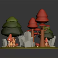 Cartoon Forest Scene featuring green trees red mushroom trees white stones and red spotted mushrooms