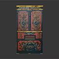 Tall Standing Storage Cabinet With Red Blue Intricate Painted Patterns And Vintage Artistic Design