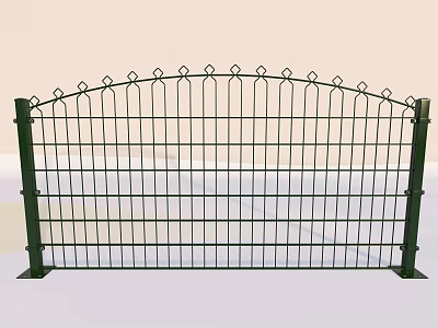 Green Wrought Iron Fence With Curved Top Decorative Pointed Patterns And Base Supports 3d model