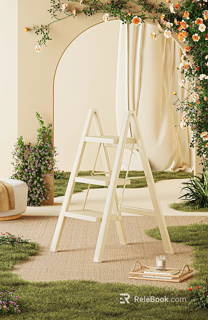 White Wooden Ladder In Natural Setting With Lush Plants Soft Rug And Green Grass 3d model 