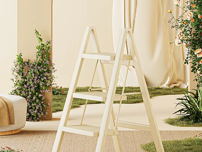 White Wooden Ladder In Natural Setting With Lush Plants Soft Rug And Green Grass 3d model