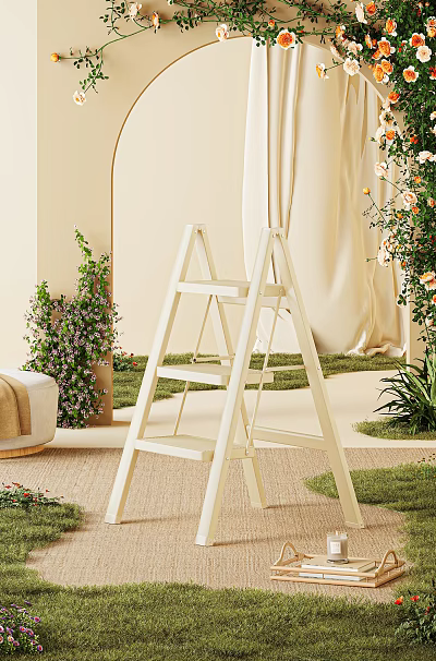 White Wooden Ladder In Natural Setting With Lush Plants Soft Rug And Green Grass 3d model