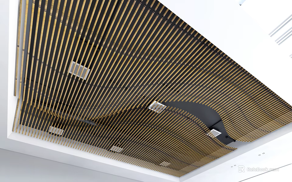 Black And Gold Striped Ceiling Design With Recessed Lights And Vent 3d model 