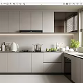 Modern Kitchen Interior Design With Gray Cabinets Countertop Appliances Green Plant And Window Blinds