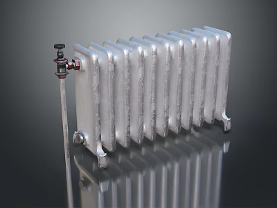 Silver Cast Iron Radiator Heating Appliance With Control Valve And Reflective Surface 3d model