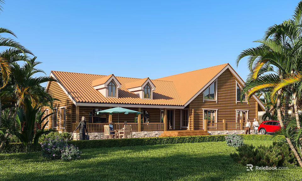 Detached Villa Featuring Orange Roof Wooden Structure Green Lawn Palm Trees and Patio with Umbrella 3d model 