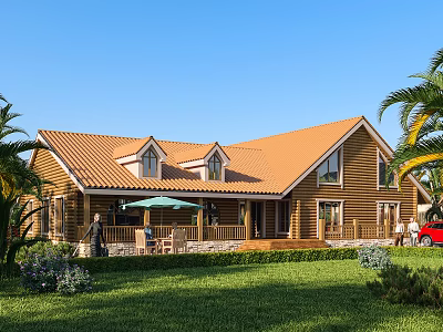 Detached Villa Featuring Orange Roof Wooden Structure Green Lawn Palm Trees and Patio with Umbrella 3d model
