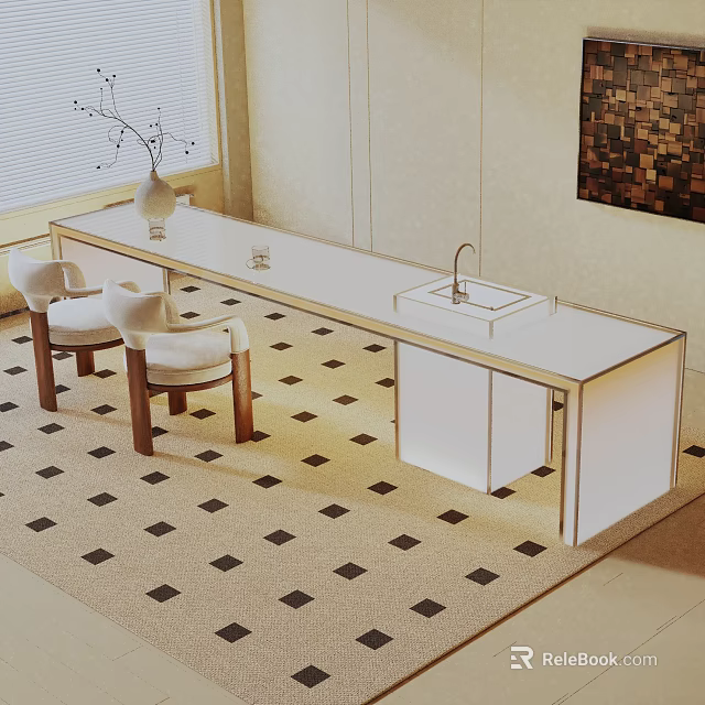 Modern Dining Table Set With White Tabletop Wooden Chairs And Vase On Patterned Floor 3d model