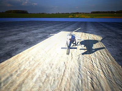 Helicopter Parked On Canvas Ground Near Water And Green Grass Field 3d model