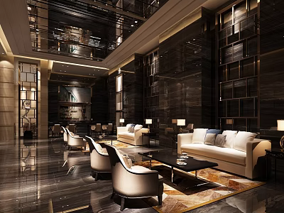 Elegant Hotel Public Lounge With Comfortable Sofas Armchairs And Modern Lighting 3d model