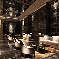 Elegant Hotel Public Lounge With Comfortable Sofas Armchairs And Modern Lighting 3d model
