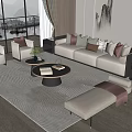 Modern Sofa And Coffee Table Set With Decorative Pillows And Area Rug In Living Room