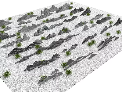 Stones And Wood Display With Green Plants Scattered On White Sand Ground 3d model