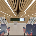 Modern Conference Room Interior With Blue Seats Wooden Slatted Ceiling Large Screen And Lighting
