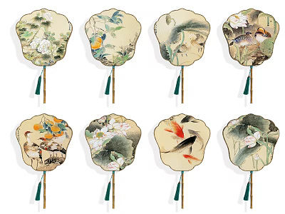 Traditional Chinese Fan Pendants With Floral Bird Fish Lotus Patterns And Tassel Decorations 3d model