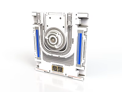 Futuristic Mechanical Component With Square Frame Circular Lens And Blue Strips 3d model