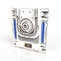 Futuristic Mechanical Component With Square Frame Circular Lens And Blue Strips