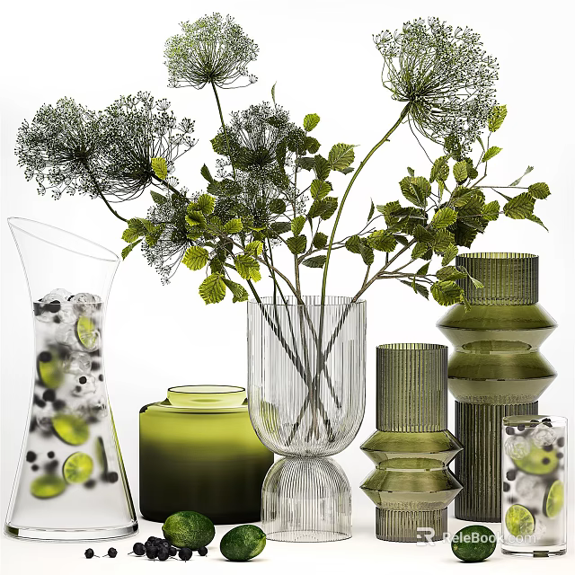 Stylish Vase And Flower Display With Green Transparent Vases And Fresh Leafy Plants 3d model 