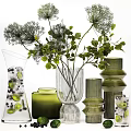Stylish Vase And Flower Display With Green Transparent Vases And Fresh Leafy Plants