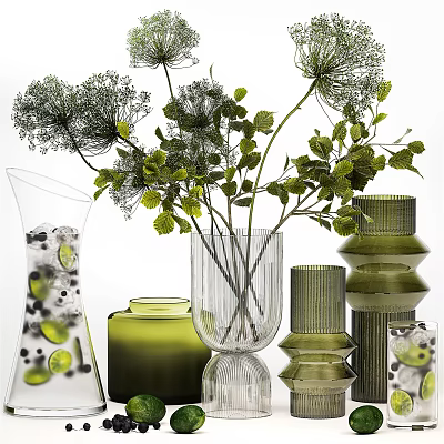 Stylish Vase And Flower Display With Green Transparent Vases And Fresh Leafy Plants 3d model