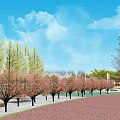 Scenic Park Landscape With Circular Layout Green Trees Red Pavilion Blue Sky And White Clouds