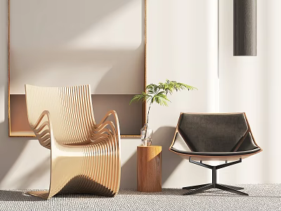 Modern Interior Featuring Golden Striped Chair Black Chair And Wooden Table With Green Plant 3d model