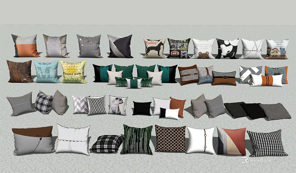 Various Decorative Pillows With Different Patterns And Colors For Home Decor 3d model