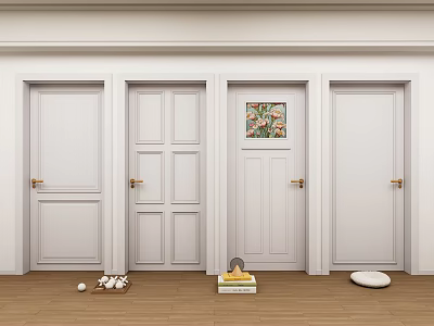 White Hinged Doors with Various Panel Designs and Golden Handles in Modern Interior Setting 3d model
